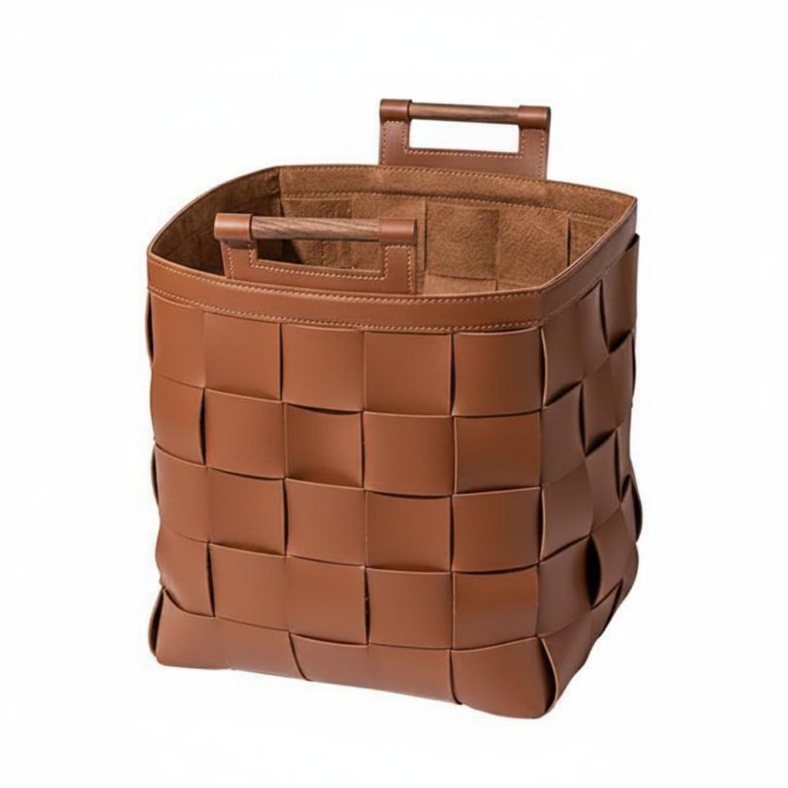 Cesta de Almacenamiento Tejida a Mano Cesta Caja Contenedor Organizador en Piel PU con Estética Minimalista Adecuada para Dormitorio Sala de Estar, Marrón