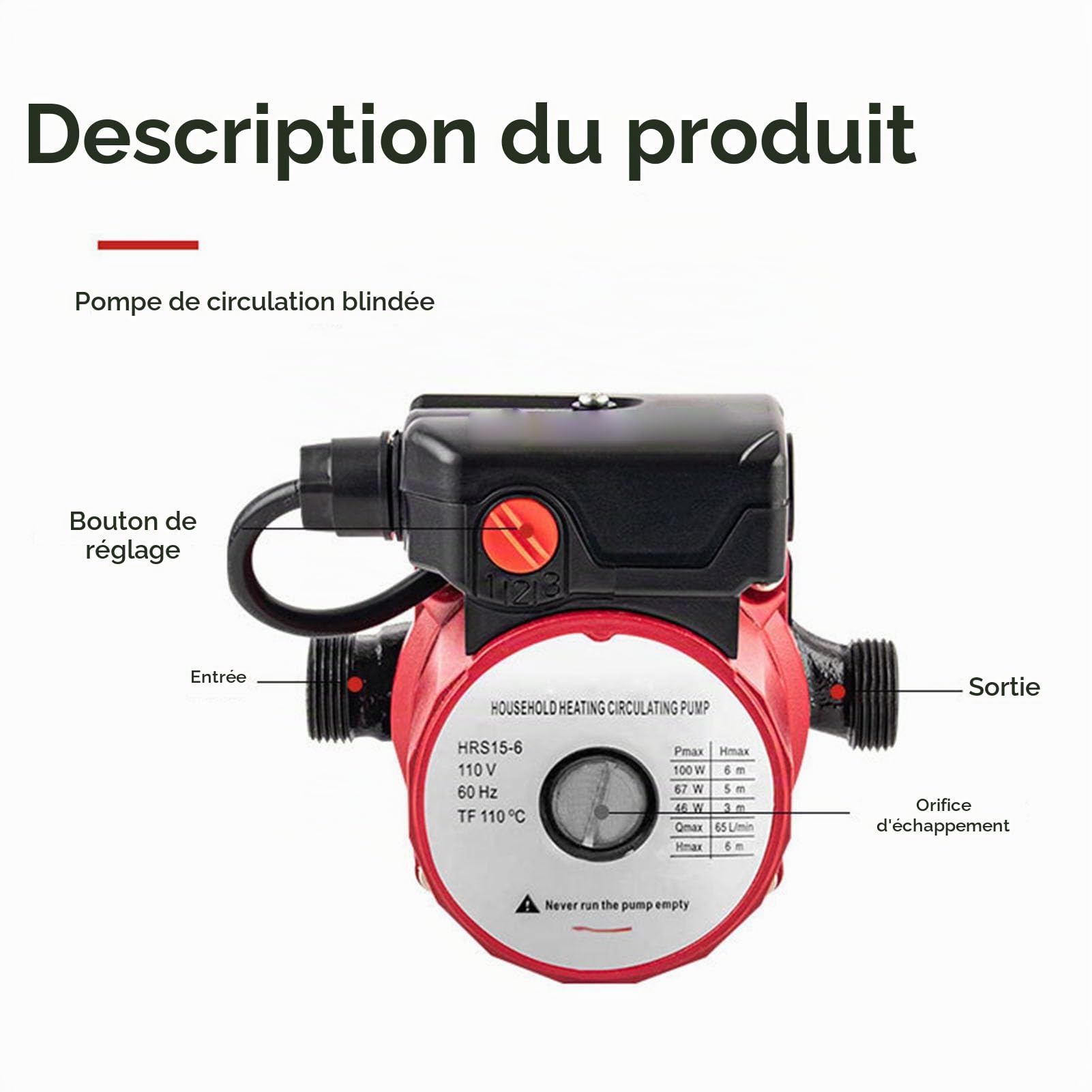 Pompe de Recirculation D'eau Chaude, Pompe de Circulation Blindée à 3 Vitesses 46 W 67 W 100 W 65 L/min pour Système de Chauffage avec Tuyau NPT de 1 Pouce, Joint de 3/4 Pouce (Prise UE