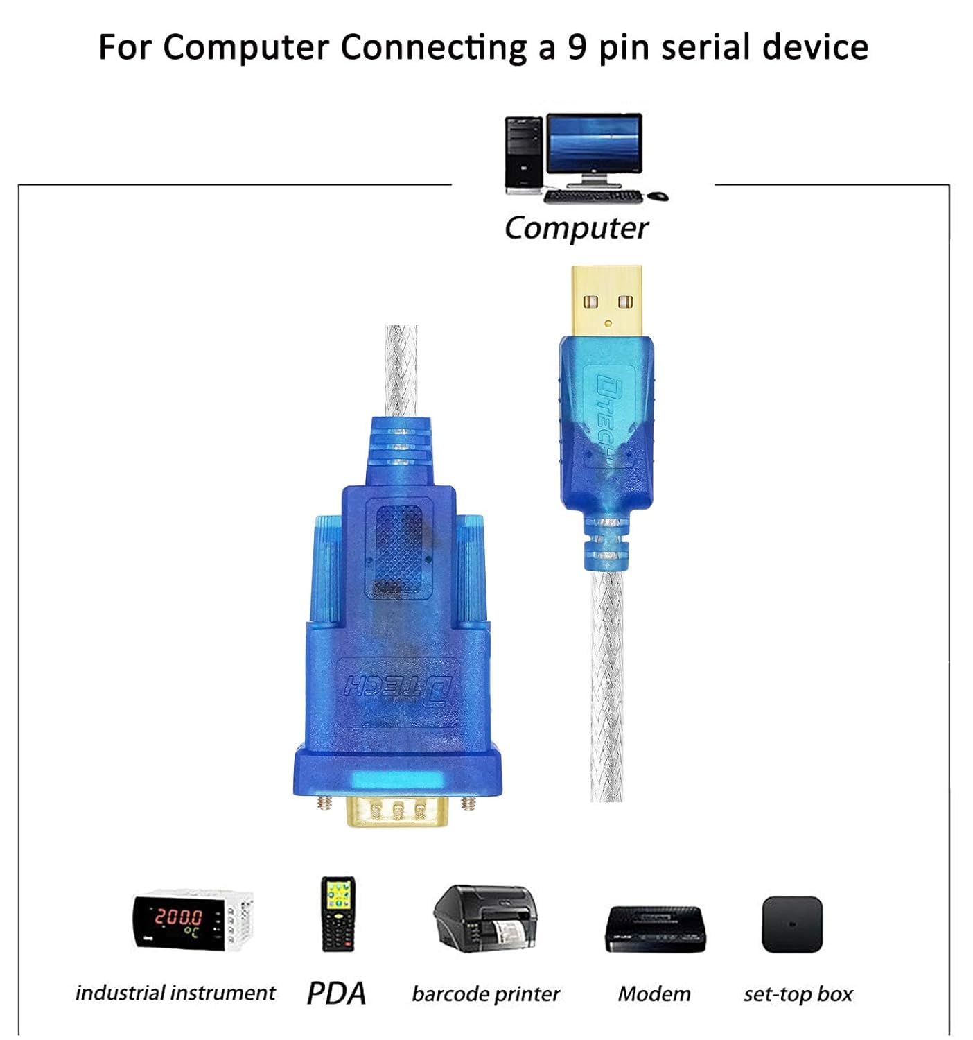 DTech Adattatore da USB a seriale 3 m, USB a RS232 DB9, cavo femmina COM porta con chipset FTDI, supporta Windows 11 10 8 7 Mac Linux
