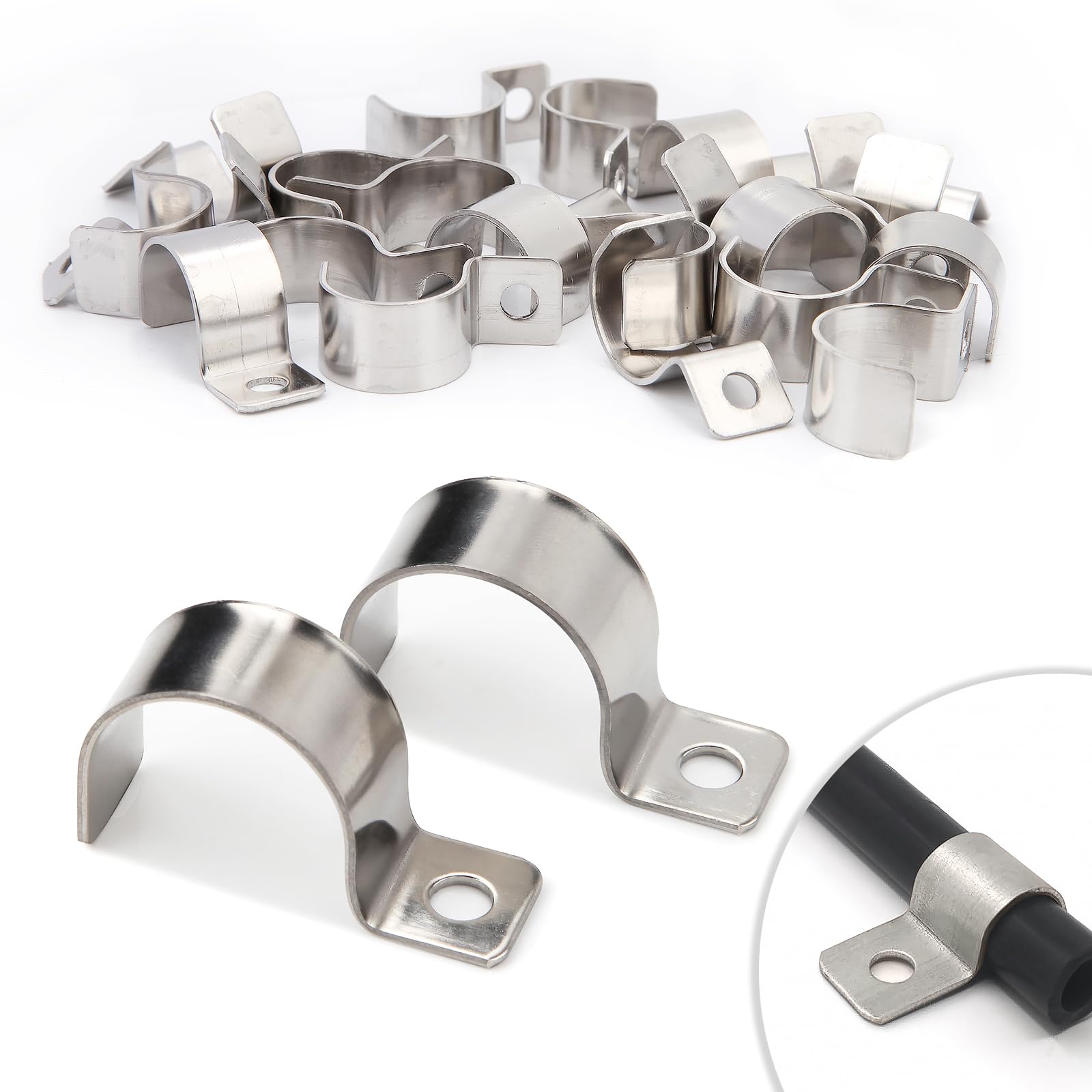 20 Pcs Pipe Clips 25mm Pipe Clamp Single-Hole Pipe Brackets V2A Stainless Steel U Brackets Heavy Duty Cable Clamps Fasteners for diameter 24-25.5mm Cables Water Pipes Fixing Flush Installation