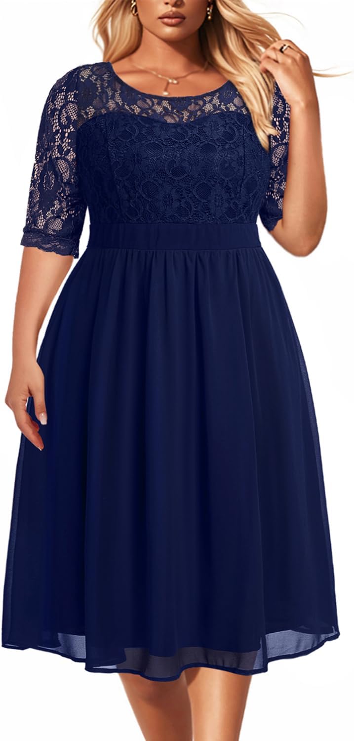 Pinup Fashion Plus Size Lace Chiffon Wedding Guest Dresses Women Cocktail Party Midi Dress