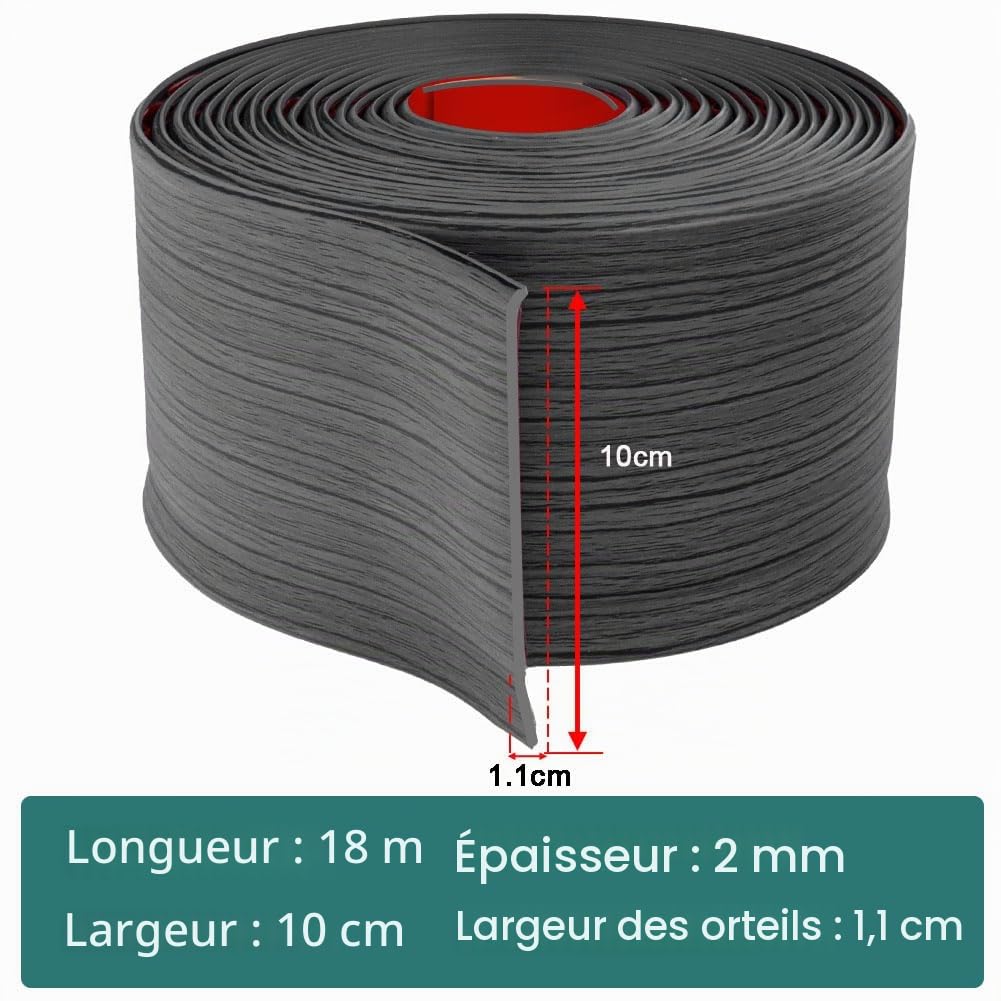 Plinthe souple autoadhésive moulure murale 10cm de large adhesive plinthe murale en PVC décorative pour mur et sol (Grain de bois gris foncé, 10cm×18m)