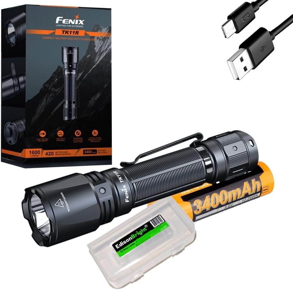 EdisonBright Fenix TK11R 1600 Lumen Rechargeable LED Tactical Flashlight, Battery, Holster Charging Cable Carry case Bundle