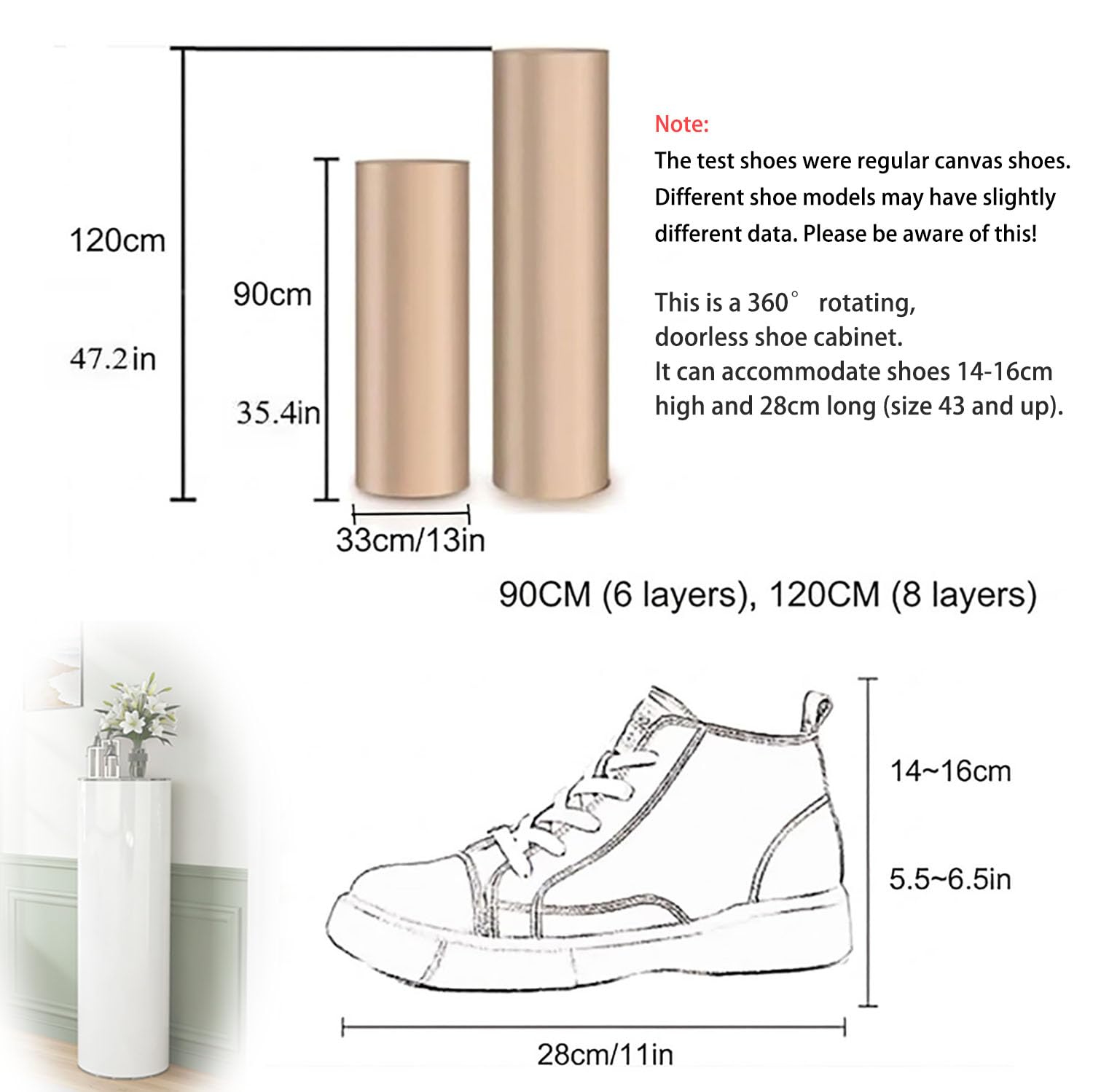 Genérico Zapatero Giratorio 360° Estante Redondo De Metal Independiente Organizador Vertical para Zapatos y Bolsos Espacios Pequeños Almacenamiento para Armario Pasillo Sala de Estar (120 * 33cm)