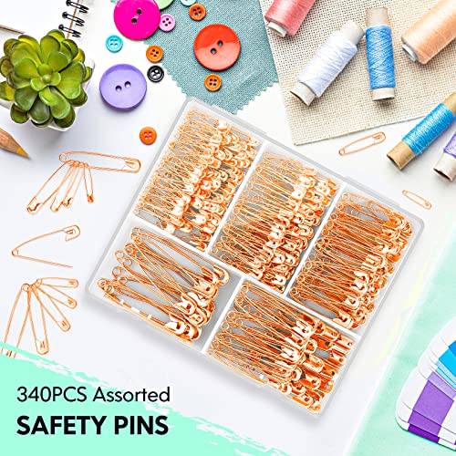 Image of 340 Pack Safety Pins Assorted, 5 Different Sizes Small and Large Safety Pins for Clothes Costume, Nickel Plated Steel Bulk, Sewing Crafts Art Supplies, Rose Gold