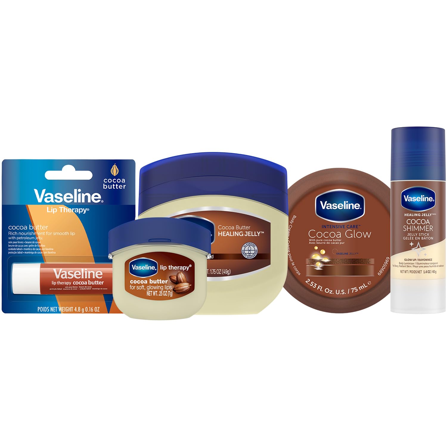 Vaseline Cocoa Butter Lovers Travel Essentials Set – Cocoa Butter Infused Petroleum Jelly, Shimmer Jelly Stick, Glow Body Cream, Lip Therapy Stick & Mini Jar