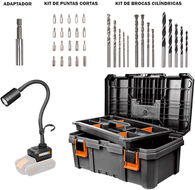 Taladro Atornillador WORX 20V 30Nm + Linterna Flexible, Incluye 2 Baterías miniatura 6