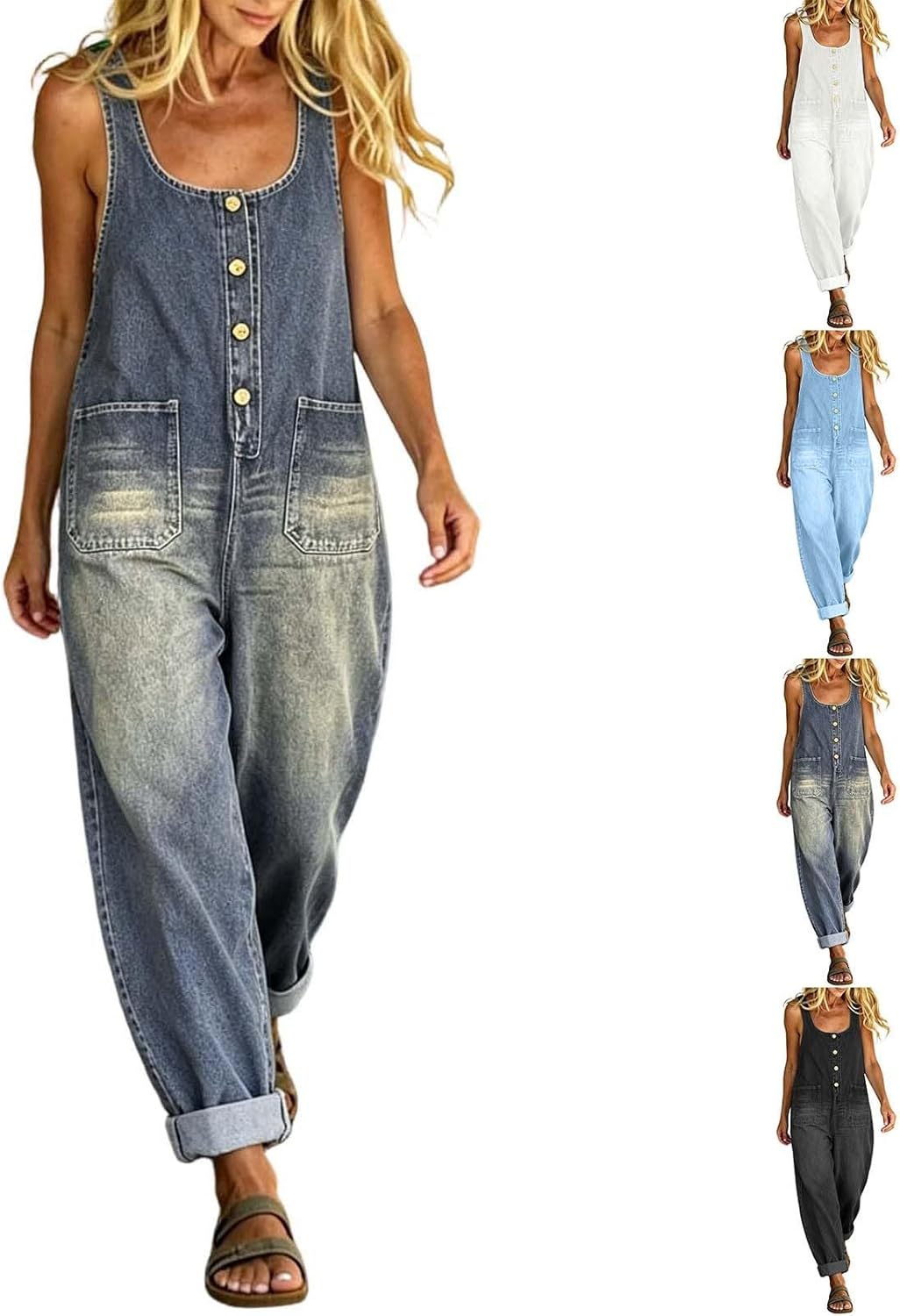 Jean Jumpsuit for Women Y2K Denim Bib Overall Pants Button Front Wide Leg Jean Jumpsuits Vintage Loose Rompers