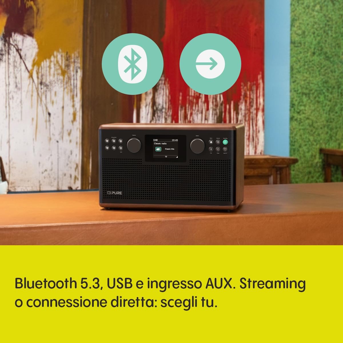Pure Classic H6 Radio Estéreo Digital con DAB+, FM, Bluetooth 5.3, Pantalla TFT 2,4", 2×15 W, Marrón Café/Nogal