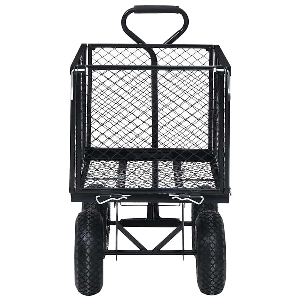 Gartenwagen Schwarz aus Stahl 86x46,5x97 cm mit 350 kg Tragkraft, Seitenwände zum Öffnen, PU-Gummiräder, Transportwagen für Garten, Sackkarre, Rollwagen, Trolley, Plattformwagen