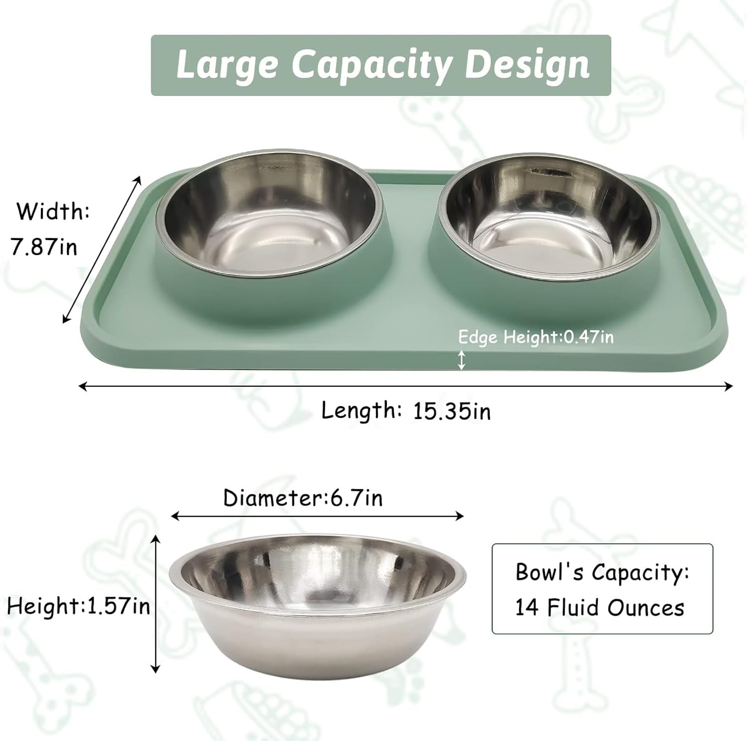 BNOSDM Cuencos dobles de acero inoxidable para comida y agua para perros con alfombrilla de plástico antiderrames, juego de cuencos para cachorros, gatos, gatitos, perros pequeños y medianos, color