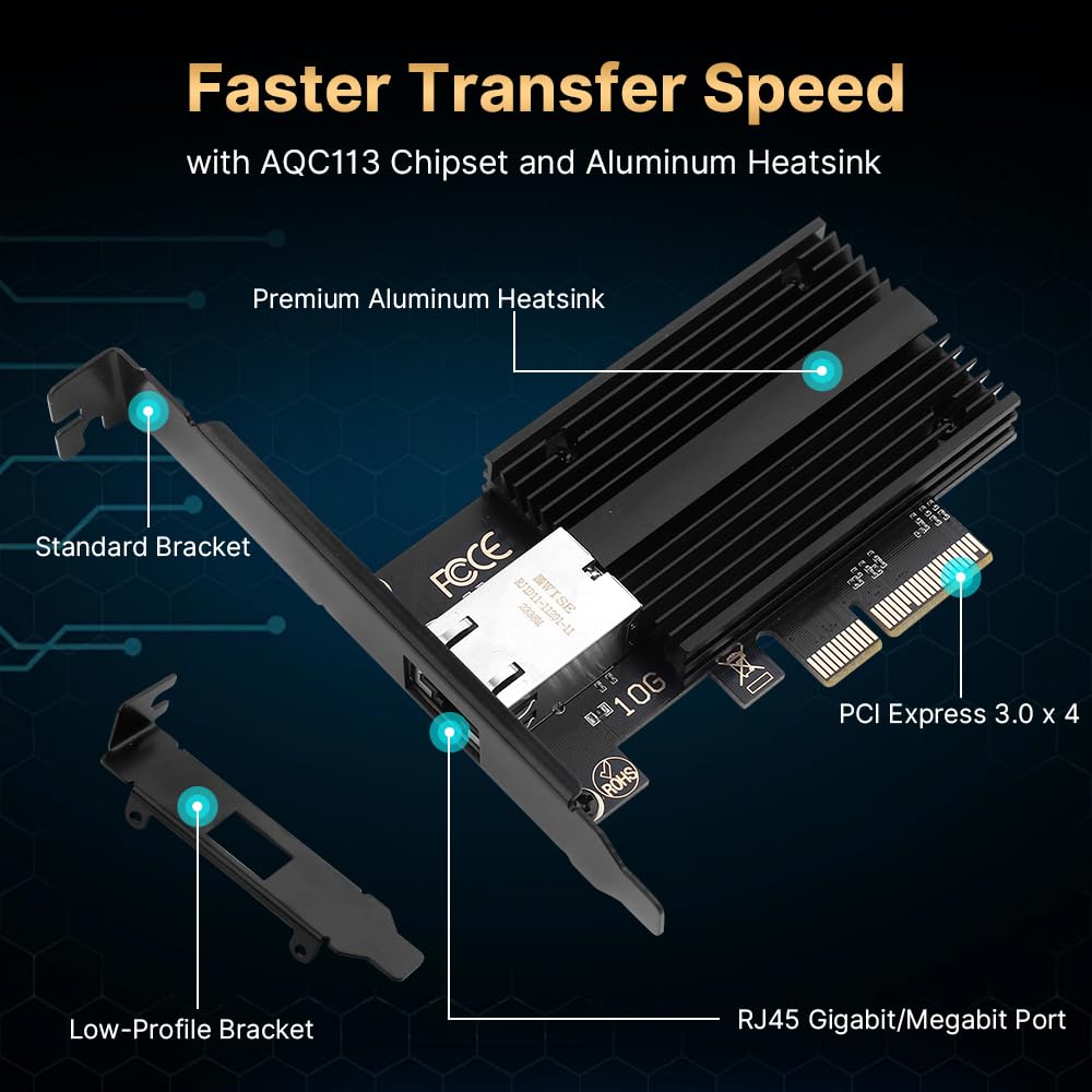 Placa de rede PCIe 10G, placa de rede Marvell AQC113 10GBase-T com