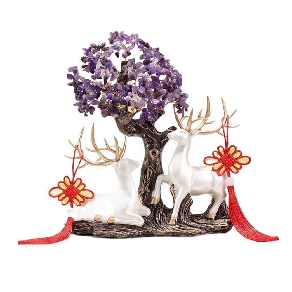 Fortune Crystal Trees Living Room Crystal Tree Decoration, Fortune Feng Shui with Deer Ornament Crafts(Purple)