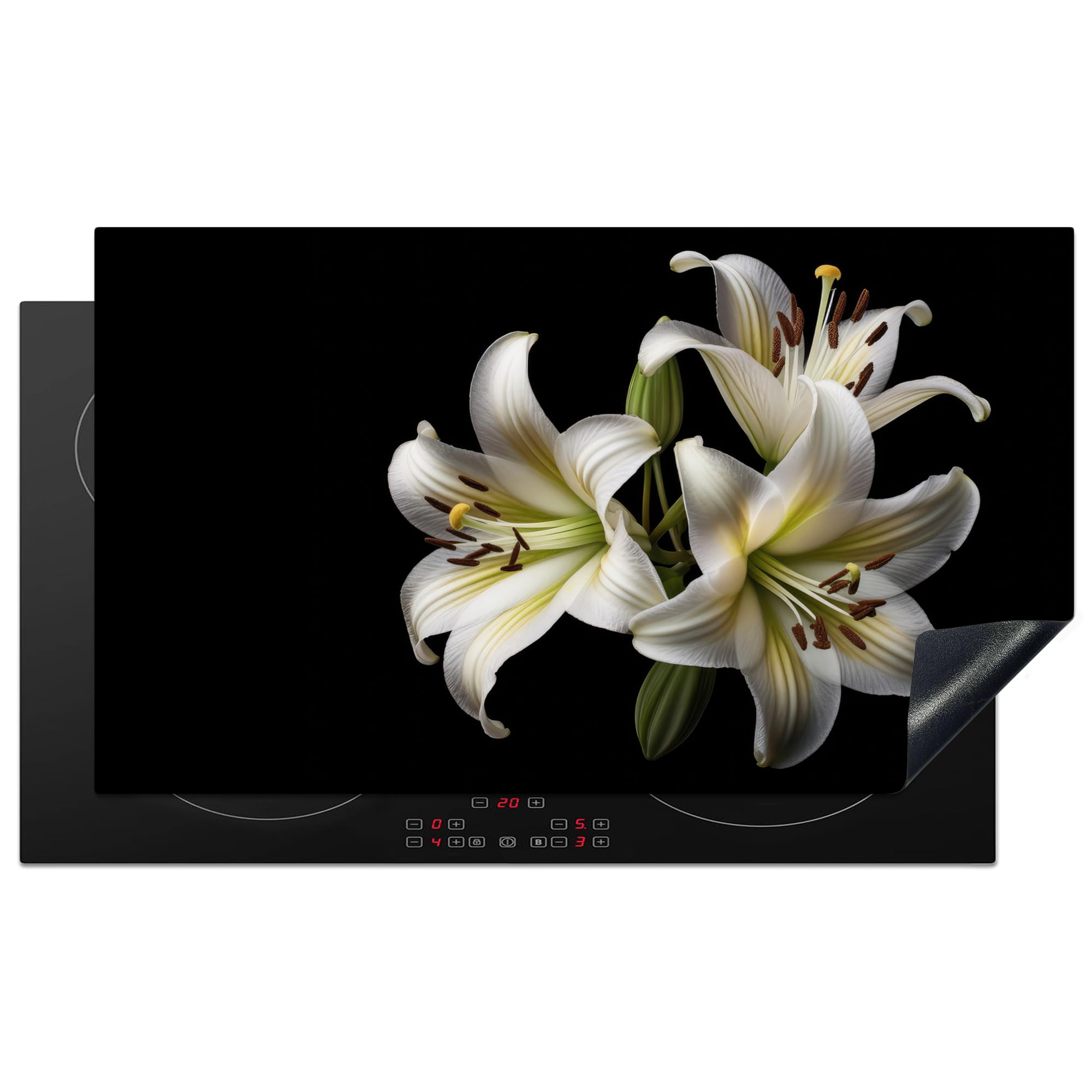 KitchenYeah© Induction Hob Protector Mat 20.3"x35.3" / 89.6x51.6 cm Stove Cap Top Cover Kitchen Cooker Covers for Electric Hobs Vinyl Lily - Flowers - White - Nature - Botanical
