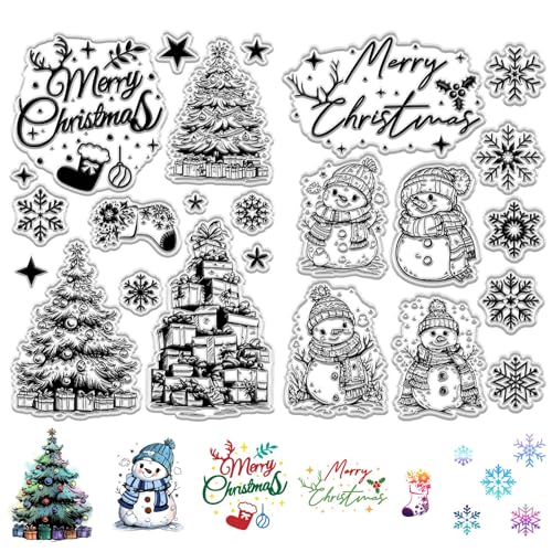 CRASPIRE 2 Sheets Merry Christmas Clear Rubber Stamps Snowman Snowflake Xmas Tree Greeting Words Gift Reusable Vintage Transparent Silicone Seal Stamp for DIY Craft Scrapbooking Journaling Card Making