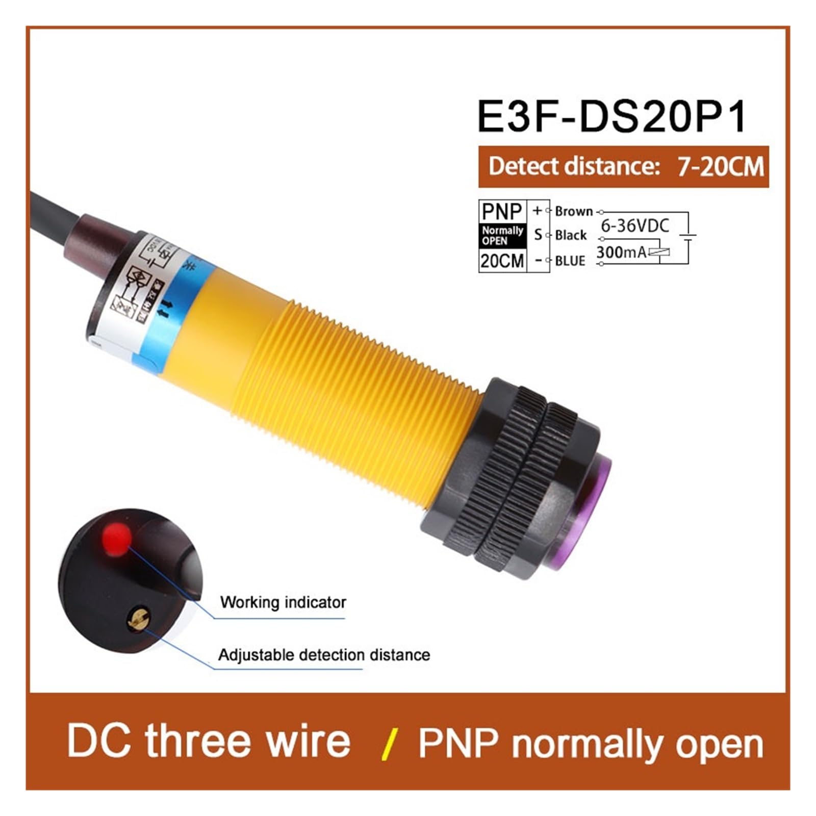 Sensor fotoeléctrico de reflexión difusa serie E3F-DS20, salida NPN/PNP de 6-36 V CC, conector M18, distancia de 7-20 cm.(E3F-DS20P1)