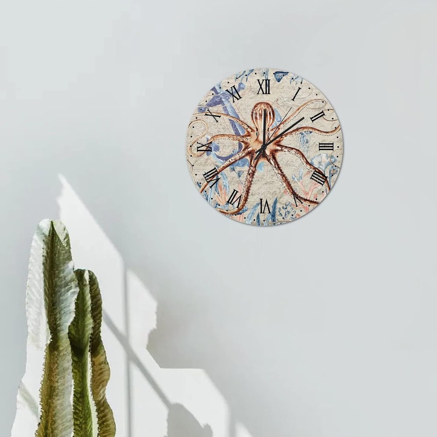 Vintage Octopus Hanging Clock Roman Numerals Wooden Clock 10in Silent Sweep Movement Battery Operated Country Style Popular Wall Decor for Farmhouse Dining Room Laundry Room Bar image 4