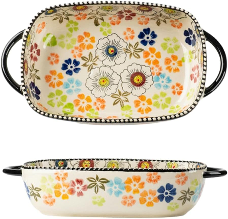 Vintage Rice Bowls ，Ceramic Tableware Rice Bowl,household cheese baked rice tableware double-eared bowl - handle round baking bowl,(Round Baking Bowl)