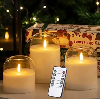 White Glass Flameless Candles Set of 3 (Φ 4" H 4" 5" 6") with Remote Battery Operated Flickering LED Pillar Candles Real Wax 3D Wick