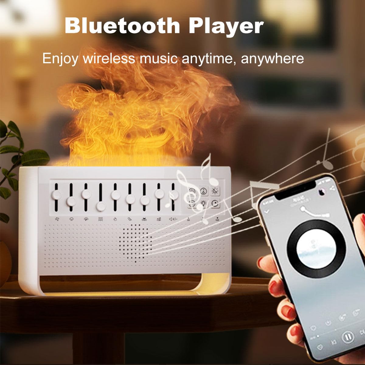 Difusor de Aceites Esenciales, Moderno Diseño 3 en 1, Simular Llama Humidificador Aceites Esenciales, Agregar Agua Encima, Humificador de Aromas, con Luz Nocturna, Reproductor Bluetooth