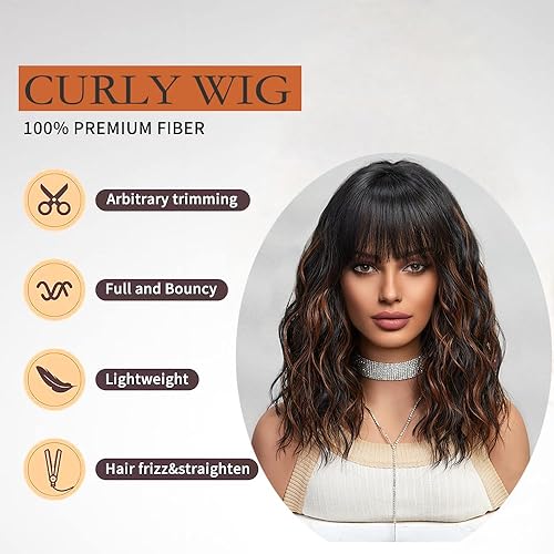 Miniatura 3 de Peluca negra con reflejos, longitud hasta el hombro, pelucas onduladas negras con flequillo para mujer, encantadoras pelucas de cabello sintético