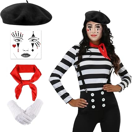 Becellen 5 Piezas Disfraz Mimo Mujer, Disfraz De Carnaval Adulto Pantomima Disfraces Pintora Negro Mimo Paño Rojo, Guante Blanco, Tatuaje Facial Carnaval Becellen 5 Piezas Disfraz Mimo Mujer, Disfraz De Carnaval Adulto Pantomima Disfraces Pintora Negro Mimo Paño Rojo, Guante Blanco, Tatuaje Facial Carnaval