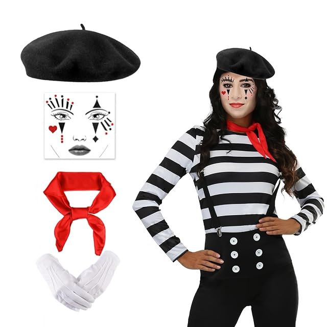 QSZHSL 4 piezas de disfraz de carnaval de mimo para mujer y hombre, disfraz de payaso para mujer