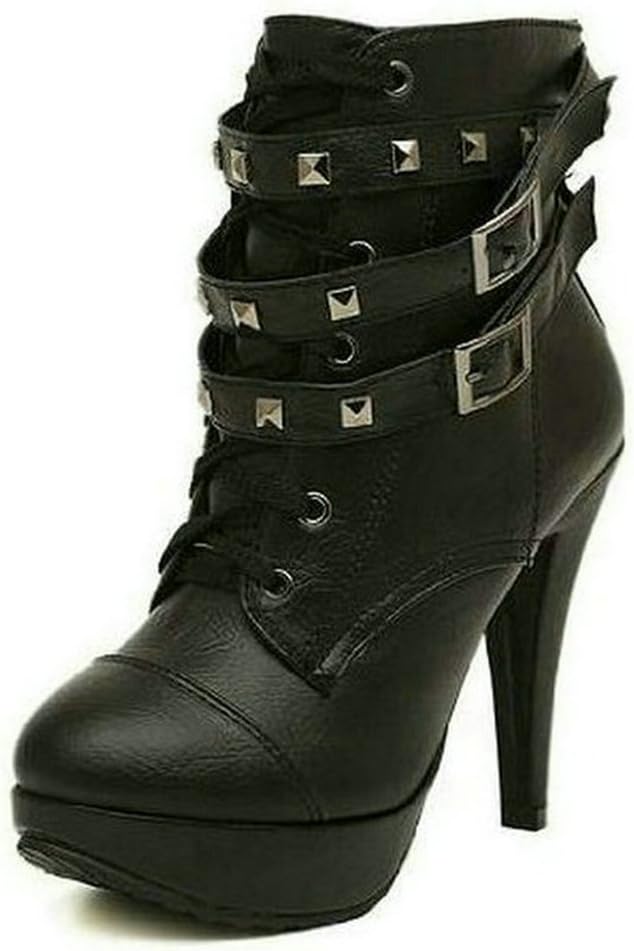 Orlution Sexy Biker Bloggers Plateau Pumps Women's Ankle Boots Shoes with Rivets Stilettos Lace-up US 8 Black