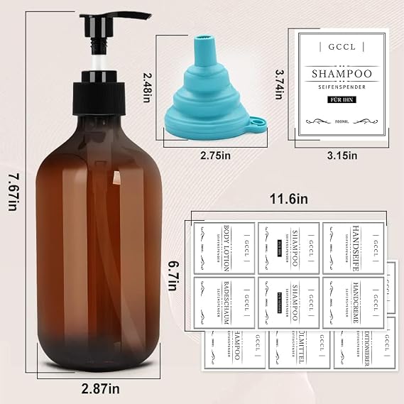 Pack of 4 500 ml Soap Dispenser Bottles Empty Plastic Pump Dispenser for Lotion Shower Gel Shampoo and Conditioner Liquid Soap Dispenser with Waterproof Labels for Bathroom Kitchen Hotel (Brown)