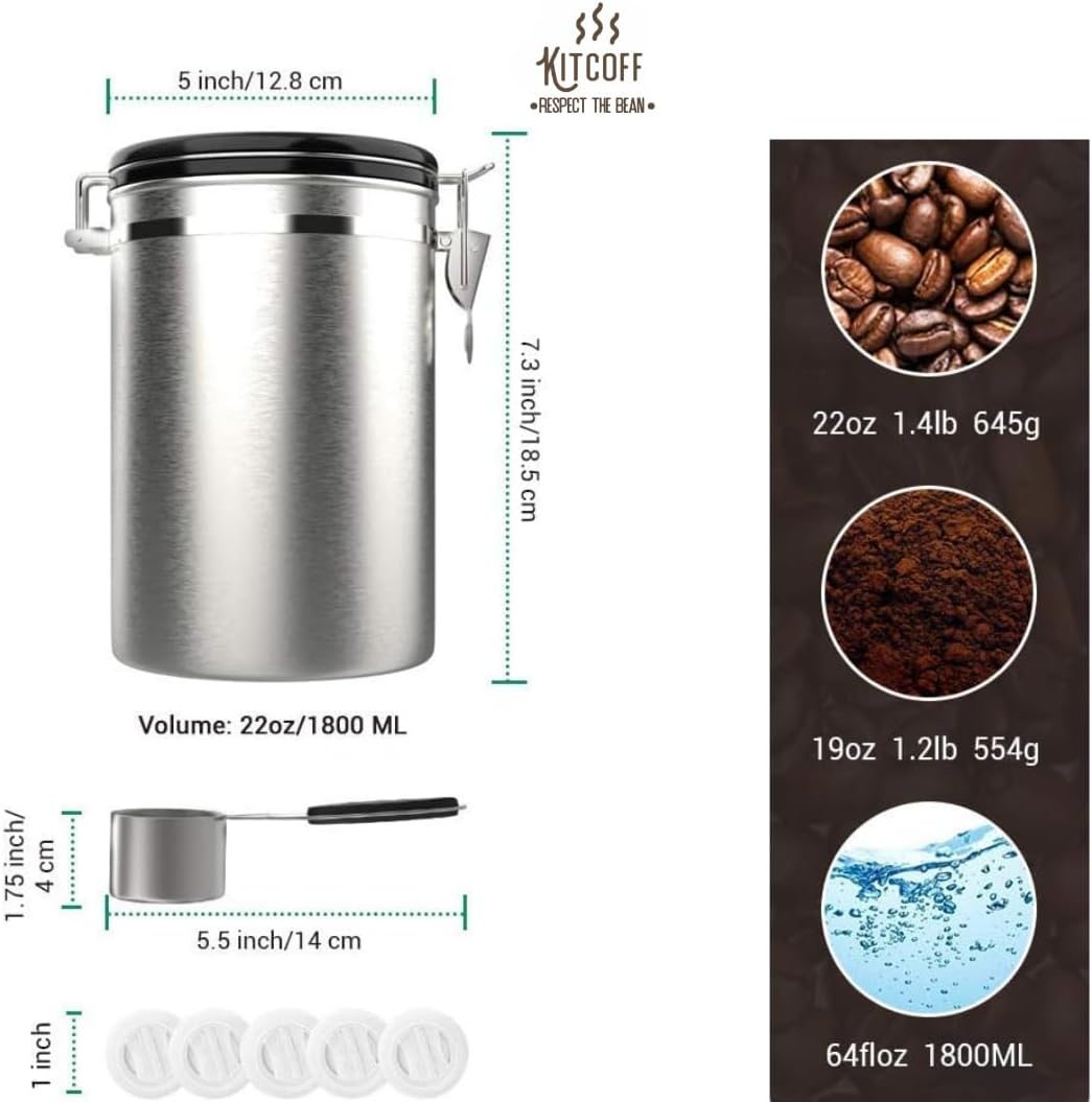 Coffee Grounds and Beans Container Canister with Date Tracker, CO2-Release Valve and Measuring Scoop - Made of Stainless Steel with Airtight Lids - Large, 22oz, Silver image 2