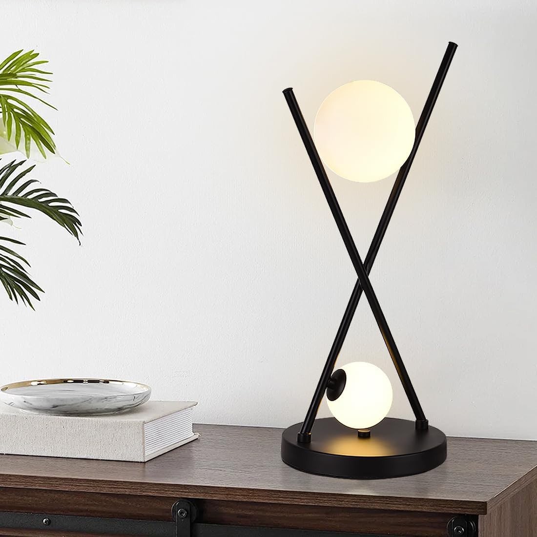 Modern Black X-Shaped Table Lamp 2-Lights Globe Glass Beside Lamp Nordic Metal 3 Color Temperatures Desk Lamp for Bedroom Living Room Study Office Corner