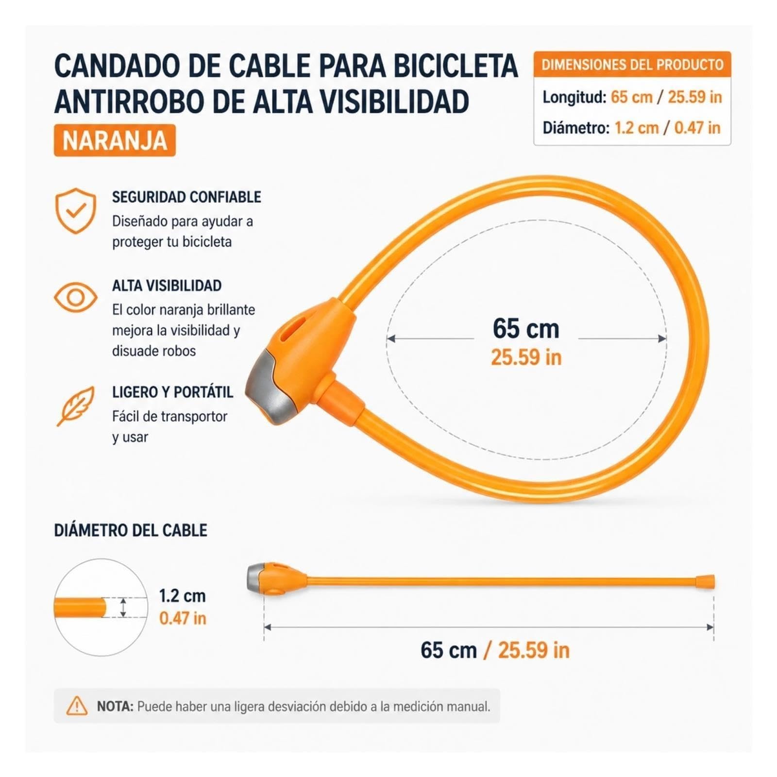 1 cerradura antirrobo de cable de acero al carbono.