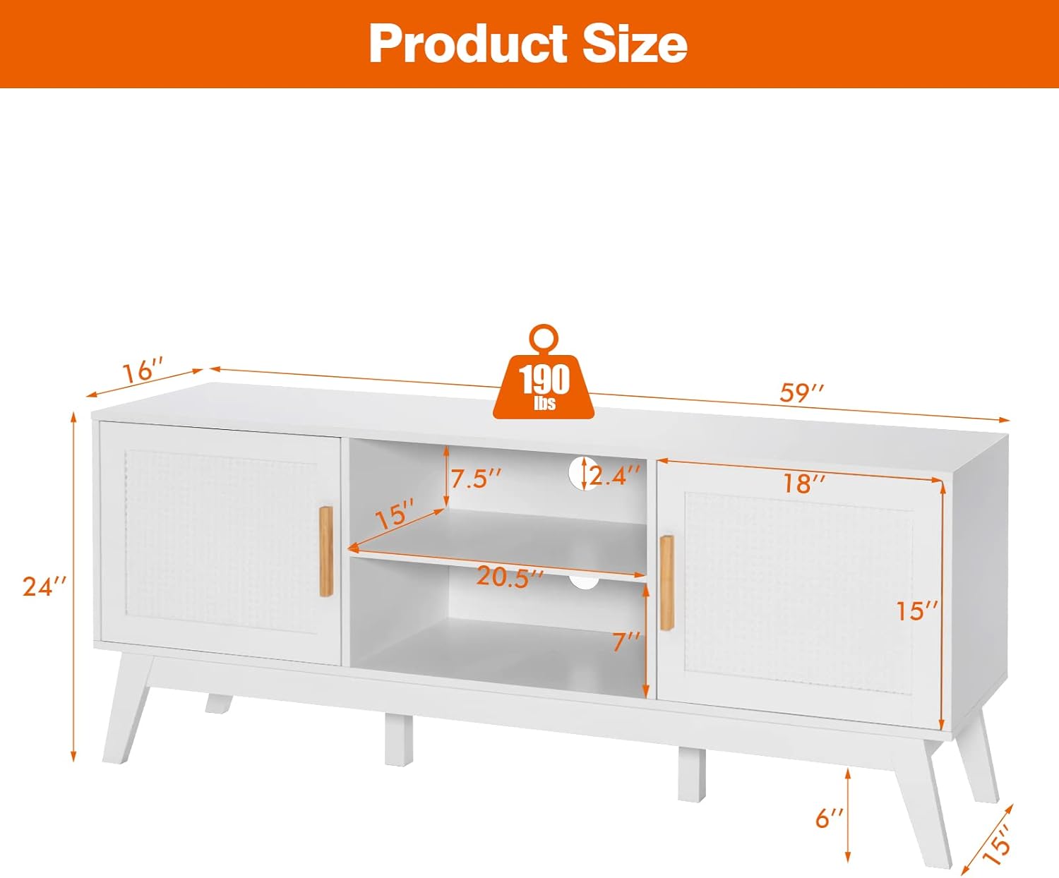 Tangkula Rattan TV Stand for TVs up to 65", Media TV Console Table w/Adjustable Shelf, 2-Door Cabinets, 6 Support Legs, Cable Holes, Wood Modern Entertainment Center for Living Room (White)