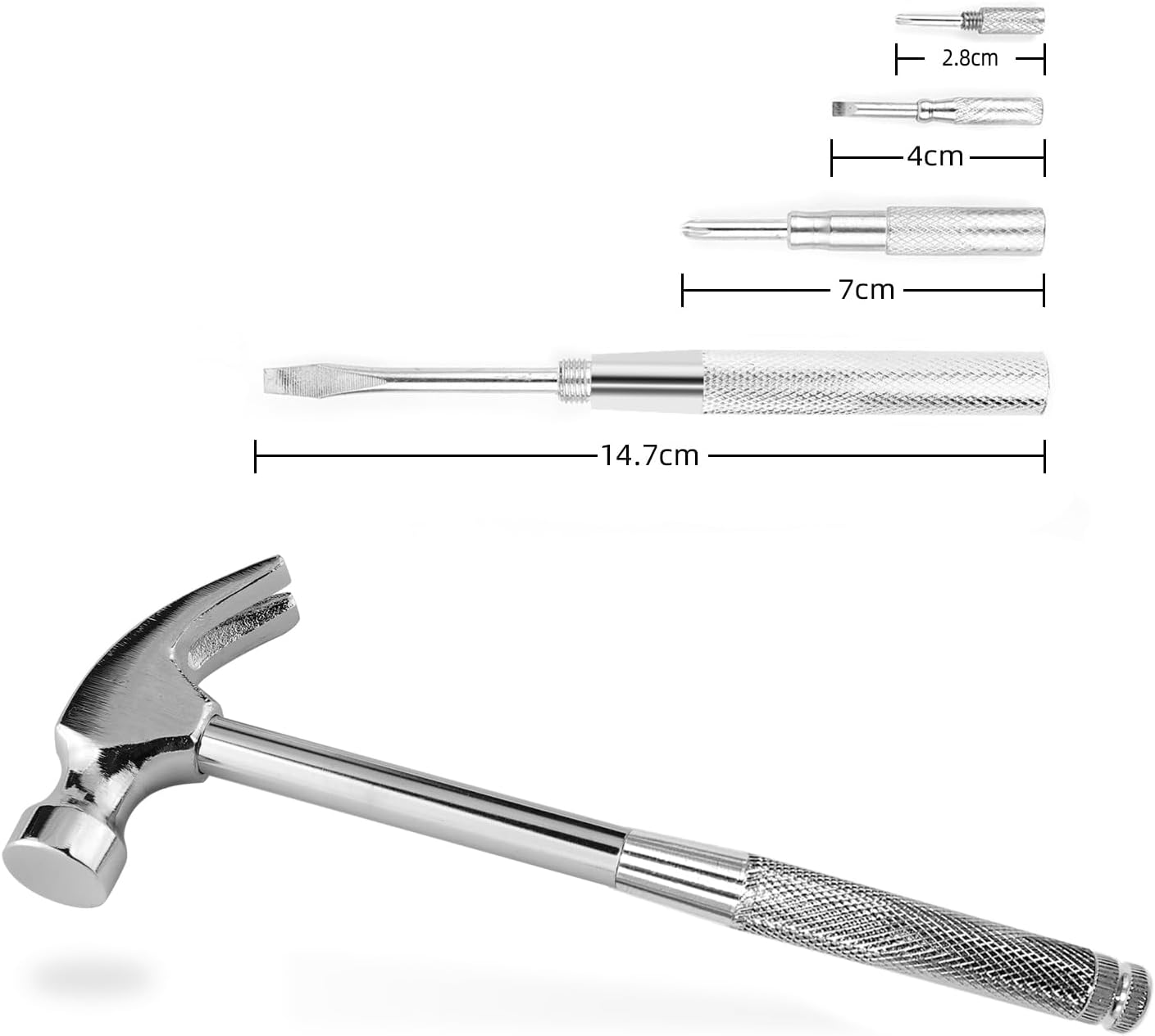 6-in-1 mini multifunctional metal hammer and screwdriver hand tool for opening walnuts, including cross and flat screwdrivers, home repair tools, and camping hammer set (Silver)