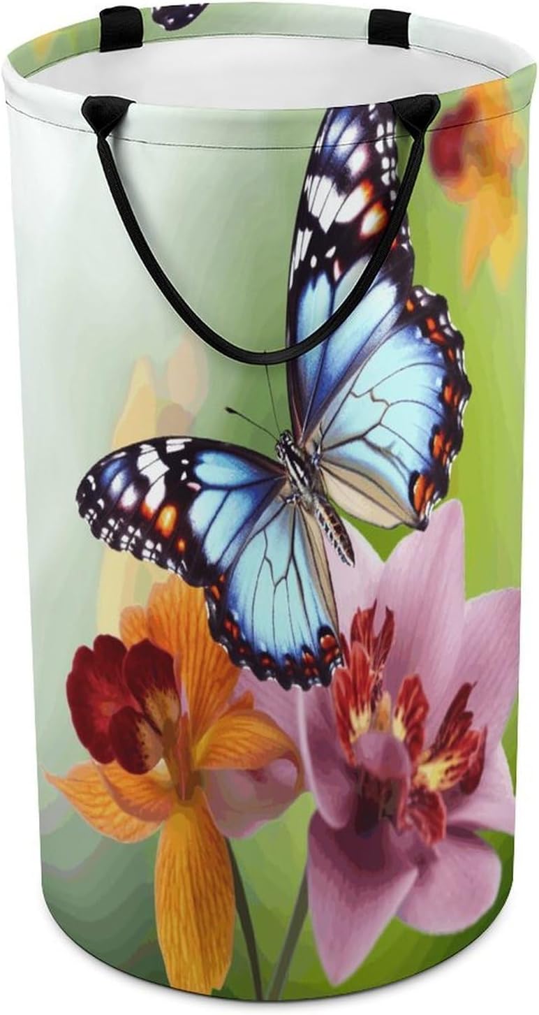 Flower Butterfly Laundry Hamper with Handles Freestanding Large Laundry Basket Collapsible Clothes Hamper Waterproof Clothes Basket for Family Bathroom Decor Storage 86L