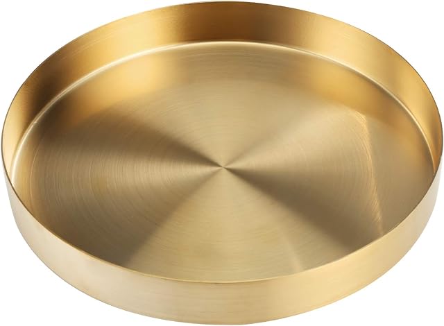 Gold Round Tray Decorative Stainless Steel Serving Tray Metal Organizer Plate for Makeup, Jewelry, Tea, Coffee, Drinks, Toiletries, Kitchen Tableware