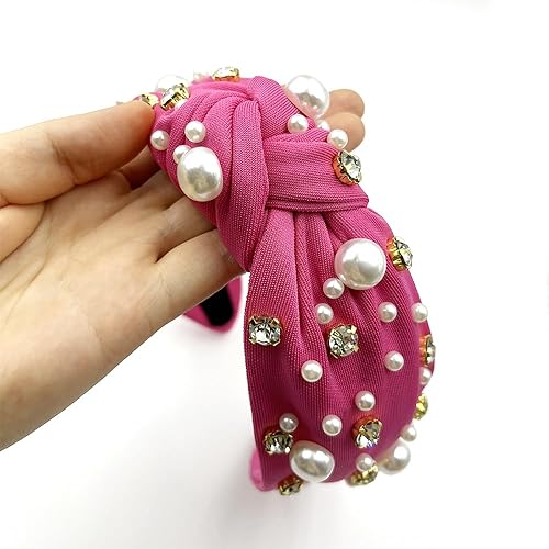 Miniatura 6 de Diademas anudadas con perlas para mujer, color rosa intenso, diadema ancha con diamantes de imitación, diadema con joyas, turbante, accesorios para