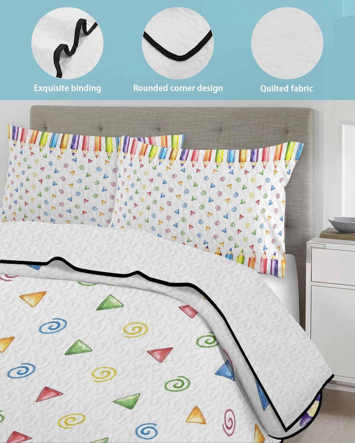 Queen Quilt Set,Back-to-School Season Pencil Lightweight Soft Microfiber Summer Bedspread Coverlet with 2 Pillow Shams,Childlike Colored Pencils 3 Piece Bedding Set for All Seasons