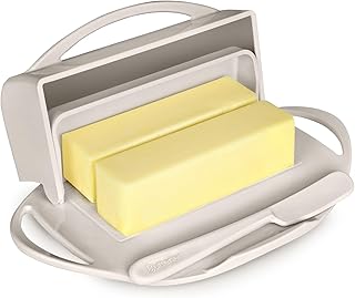 Butterie Flip-Top Butter Dish with Lid & Matching Knife, Holds 2 Sticks/European Butter, No-Mess Butter Holder, Shatterproof, Dishwasher Safe, Ivory