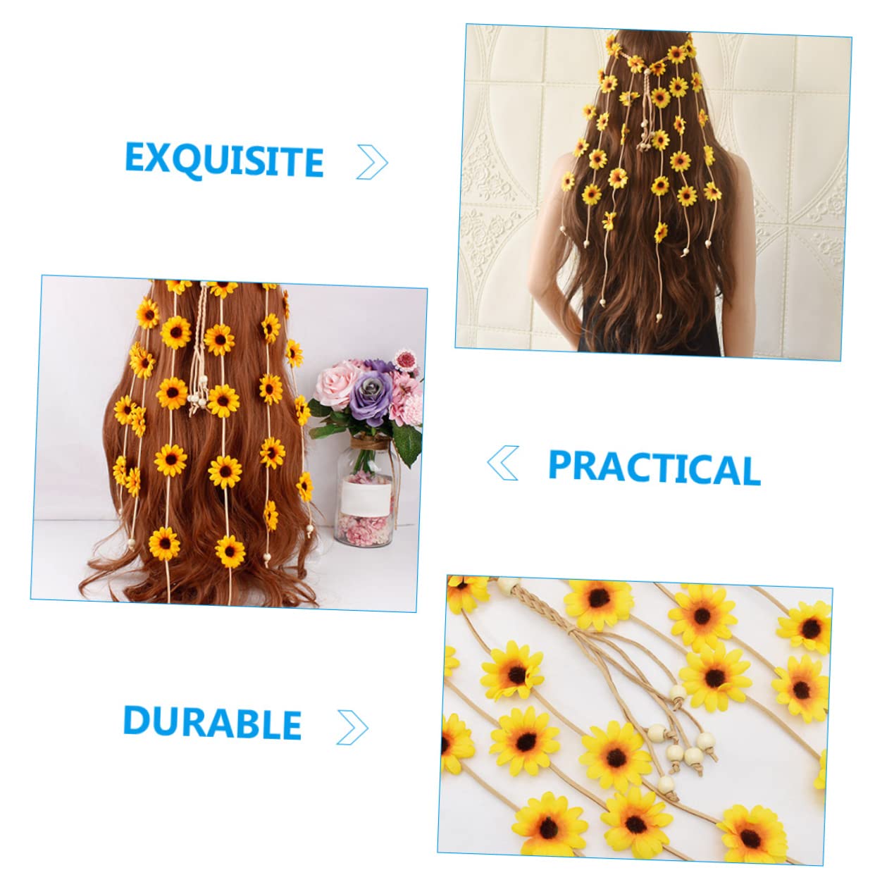WOONEKY Bandeau De Fleurs Avec Pompoms Couronne De Fleurs Tournesol Pour Festivals Événements Et Accessoire Bohémien Élégant Pour Femmes Et Filles