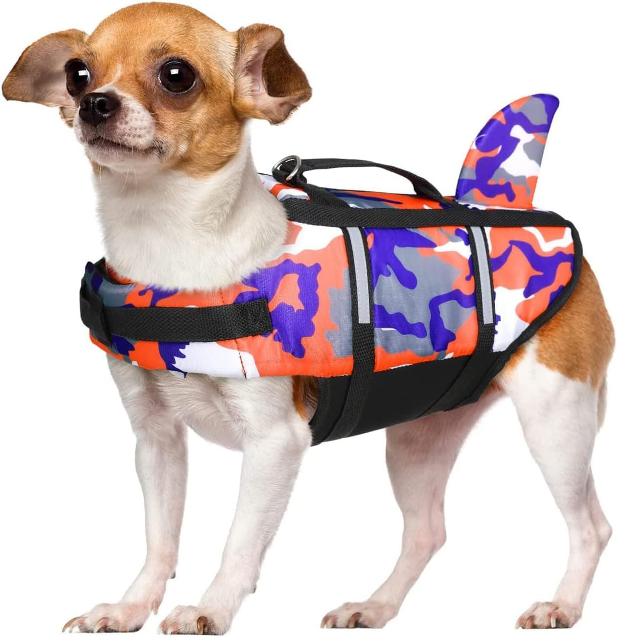 Gilet de sauvetage pour chien avec aileron de requin, gilet de flottaison réglable avec bandes réfléchissantes et poignée de sauvetage pour chiens de petite, moyenne et grande taille pour la natation