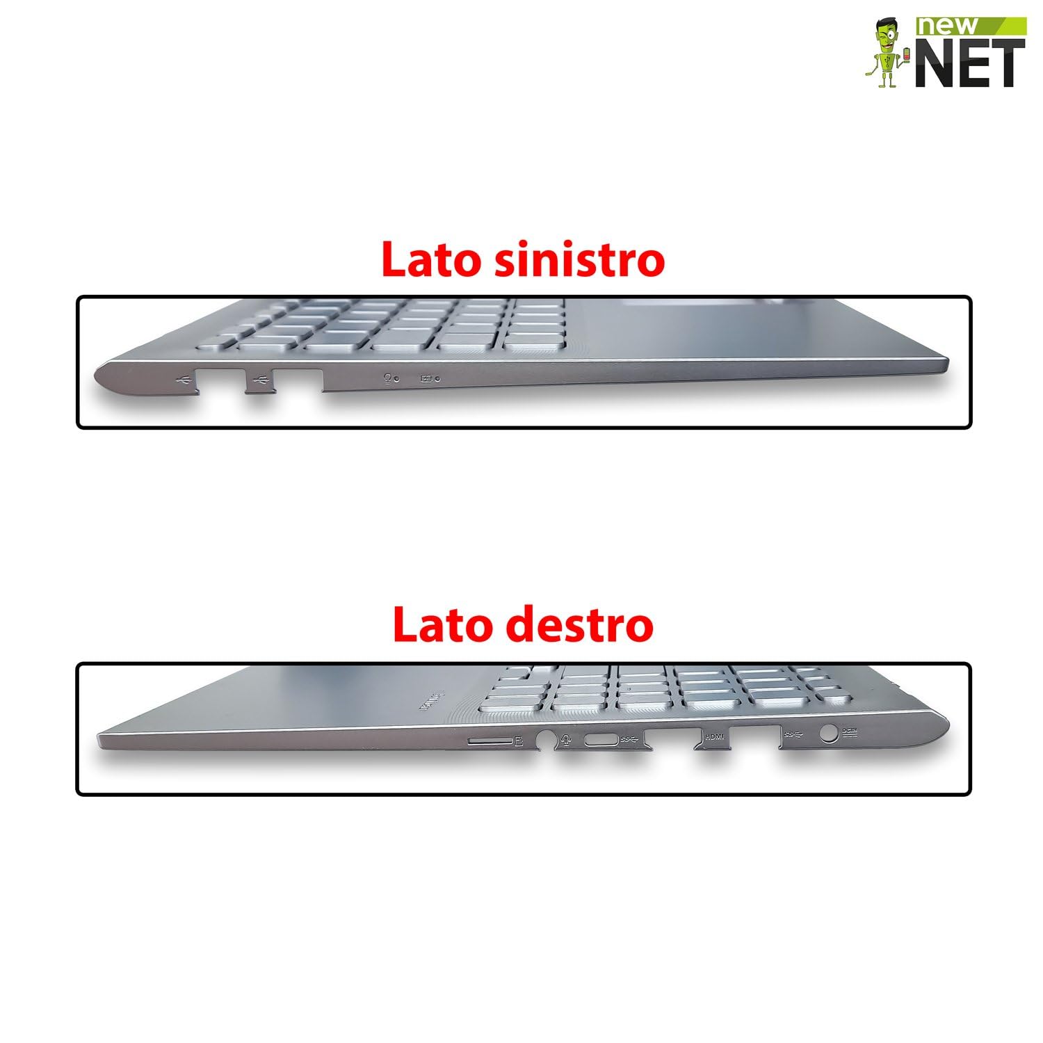 new net - Top Case Palmrest con Tastiera Compatibile con ASUS F512D, F512DA, F512FA, F512FB, F512U, F512UA [Frame Argento - Senza touchpad - Layout ITA]