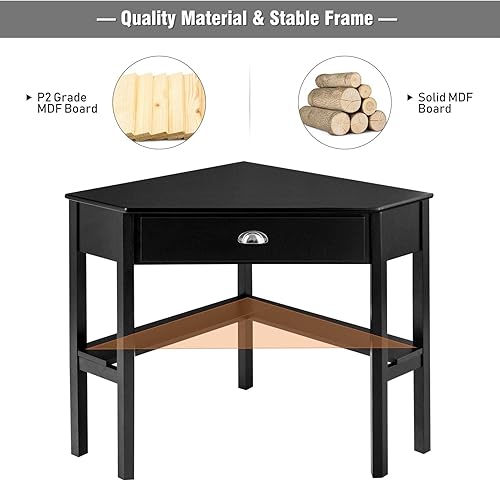 Miniatura 7 de LDAILY Escritorio esquinero para espacios pequeños, mesa de escritura compacta con cajones y estantes, estación de trabajo moderna de estudio que