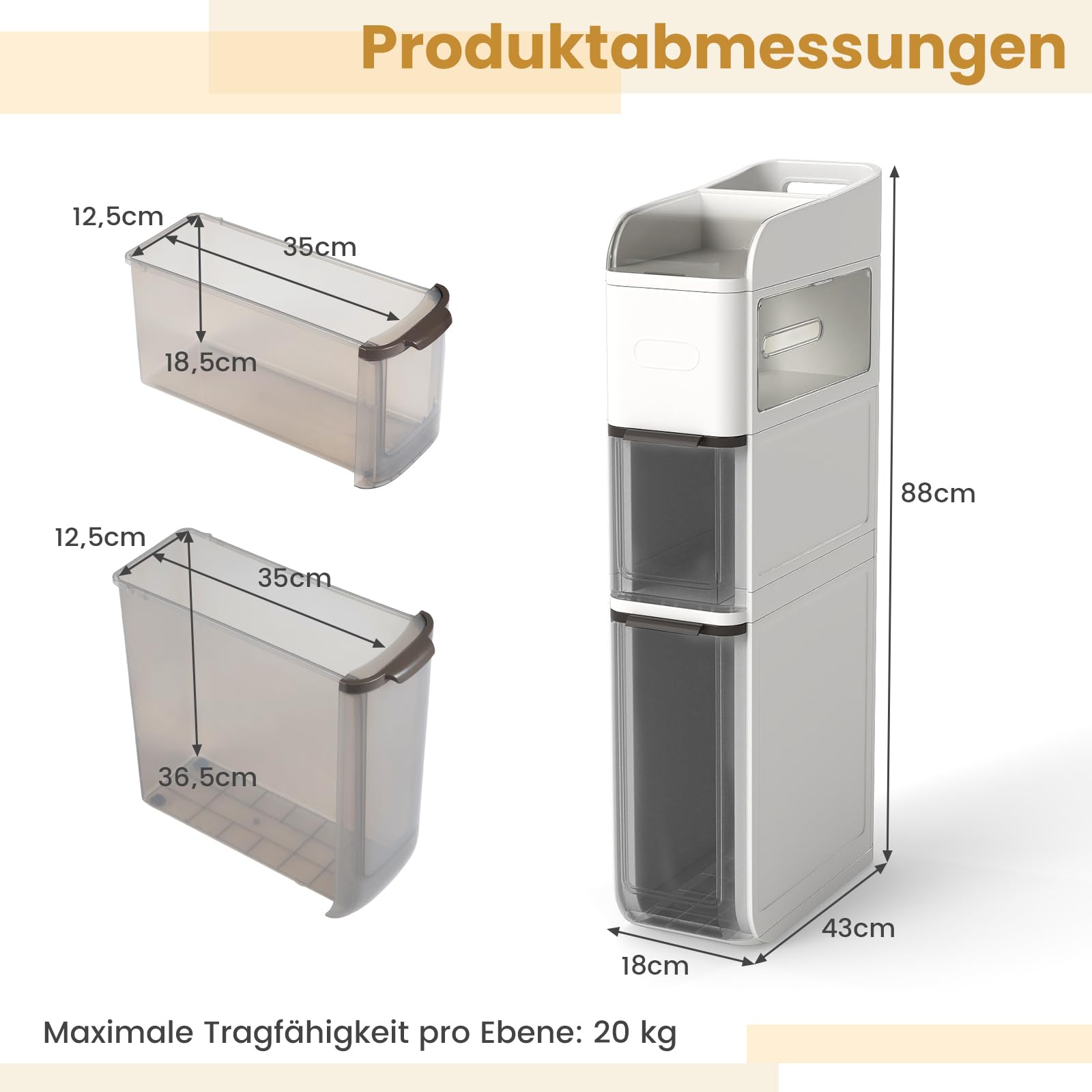 COSTWAY Badrollwagen, Nischenschrank schmal mit 2 Schubladen, Taschentuchbox & oberem Regal, Badezimmerschrank Kunststoff mit Rollen, Aufbewahrungsschrank für kleine Räume, 18 x 43 x 88 cm (Weiß)