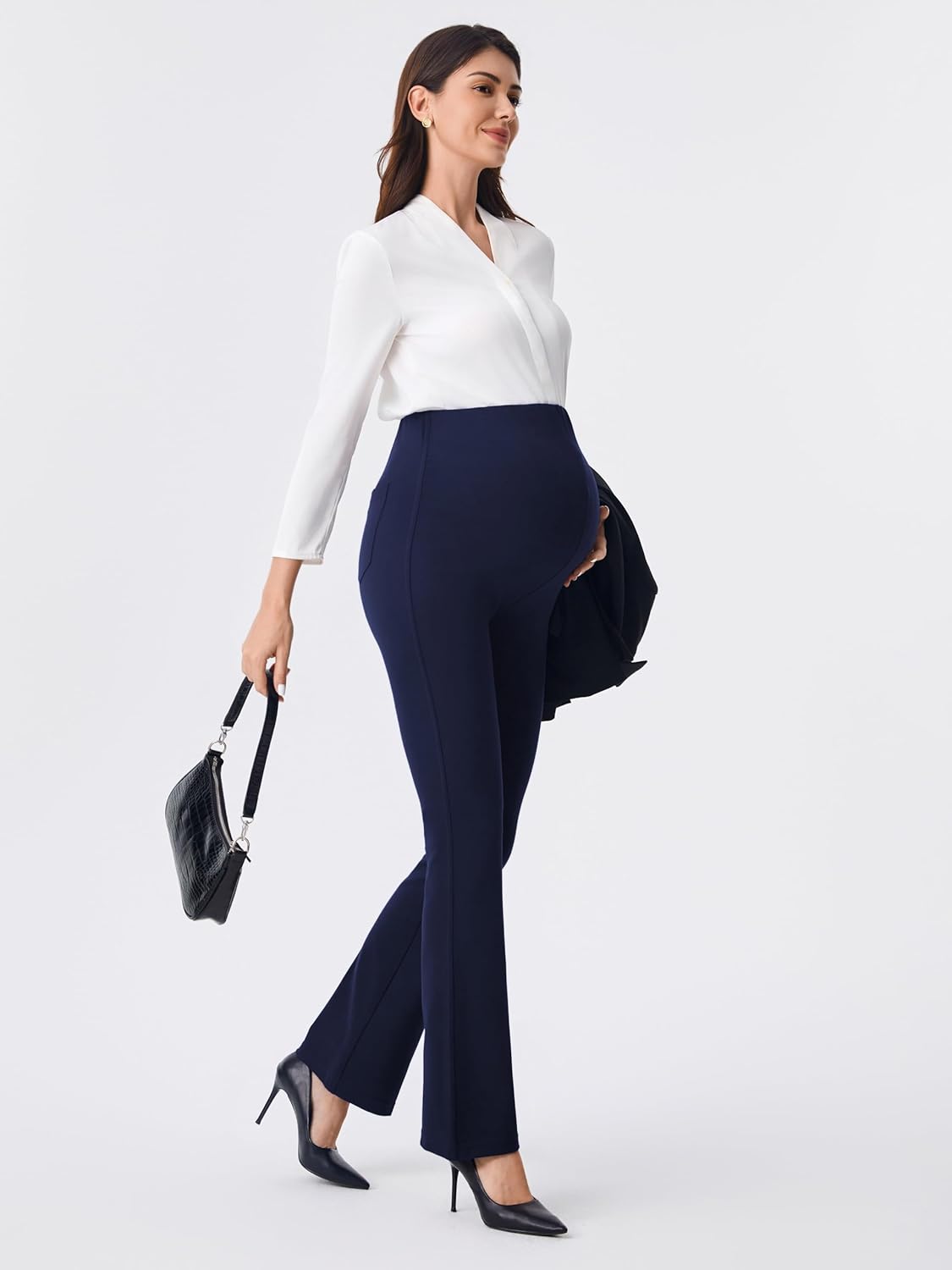 AFITNE Women’s Flare Maternity Pants for Work Over The Belly with Pockets 29”/ 31” Soft Bootcut Pregnancy Casual Dress Pants - Image 8