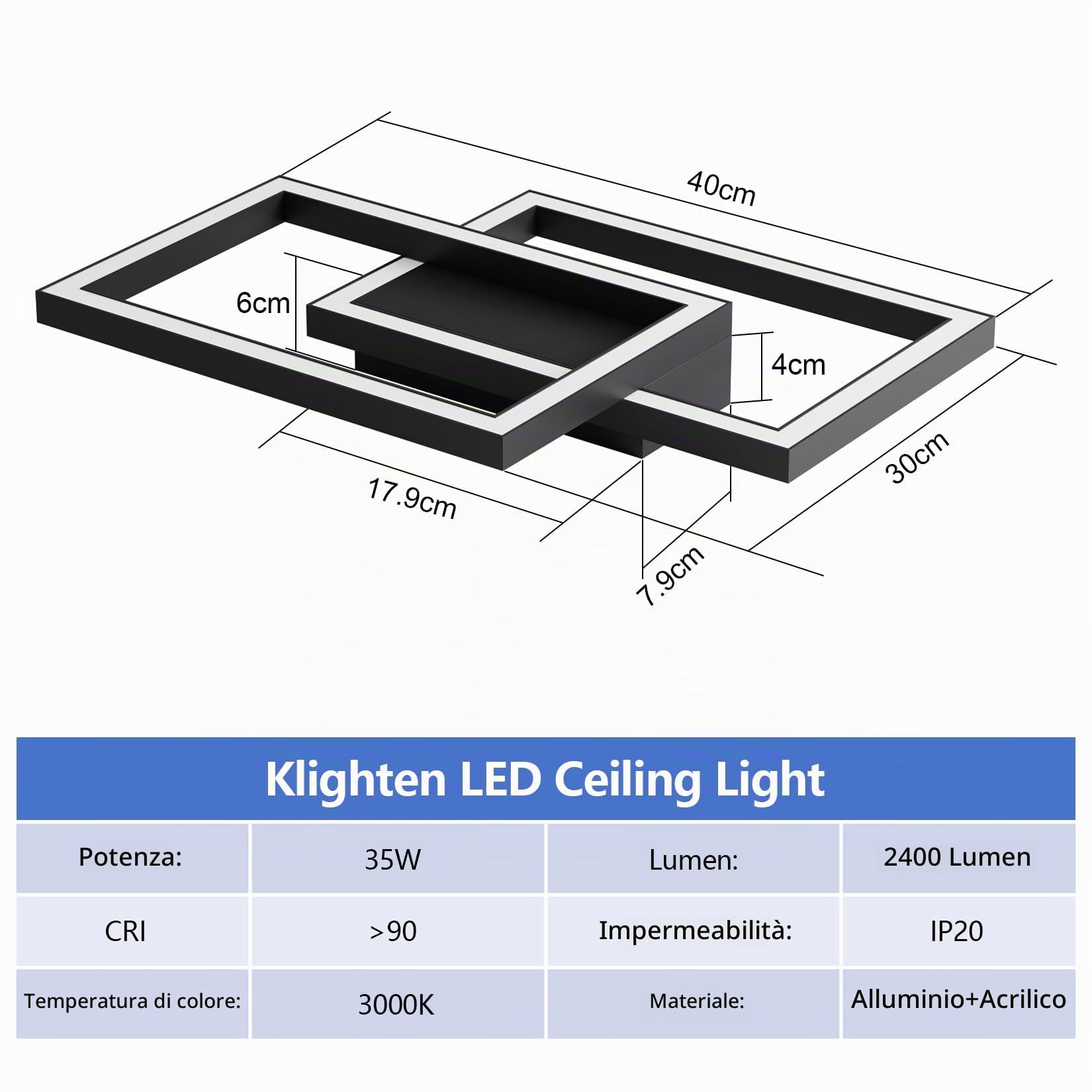 Klighten Plafoniera Led Soffitto Nero 35W, Led Bianco caldo 3000K Lampada da Soffitto, Geometrico Luce Soffitto per Cucina Soggiorno Camera Corridoio, L40cm ×W30cmx H4cm