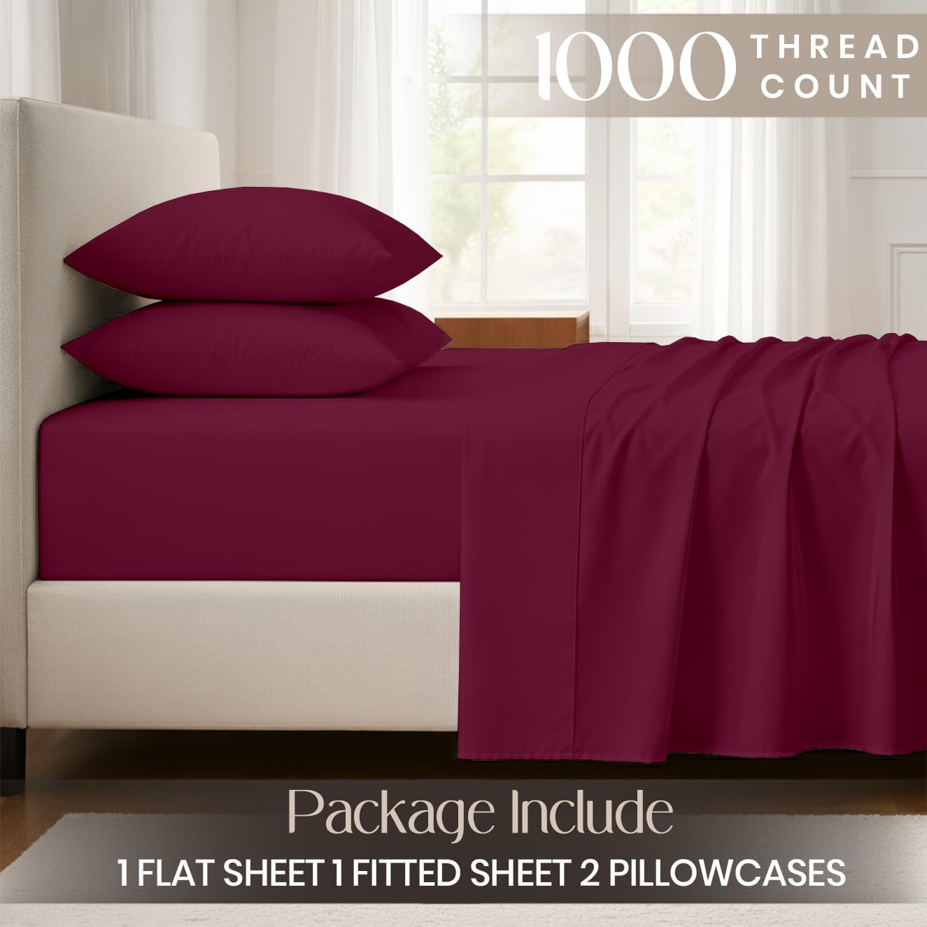 SGI bedding 1000 Thread Count Sheet Set Queen - 100% Egyptian Cotton Sheets – 16" Luxury Deep Pocket Bedding - Soft, Breathable & Premium - Hotel Sheets -Burgundy - Image 2