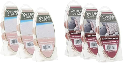 Yankee Candle Pink Sands - Cera derretida, 3 paquetes de 6 (18 en total), rosa claro y Home Sweet Home, 3 paquetes de 6 (18 en total)