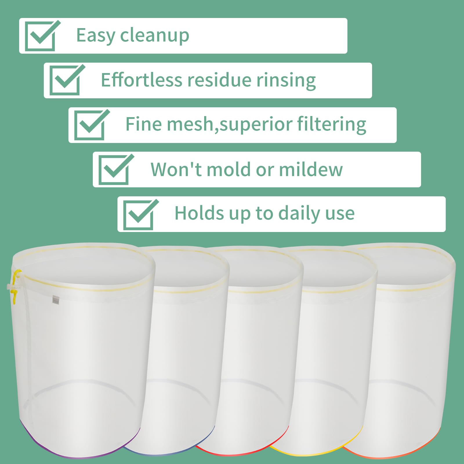 LYDODOKA 5 Pack 5-Gallon Mesh Filter Bags with Pressing Screen & Storage Pouch, Breathable Hash Bags, Reusable Brew Bags for Home Workshop Restaurant Bar(25 to 220-Micron)