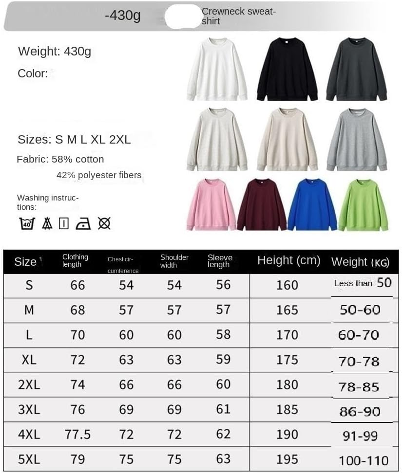 430g Heavyweight Round Neck Sweatshirt for Men and Women, Solid Color Cotton Pullover Shirt